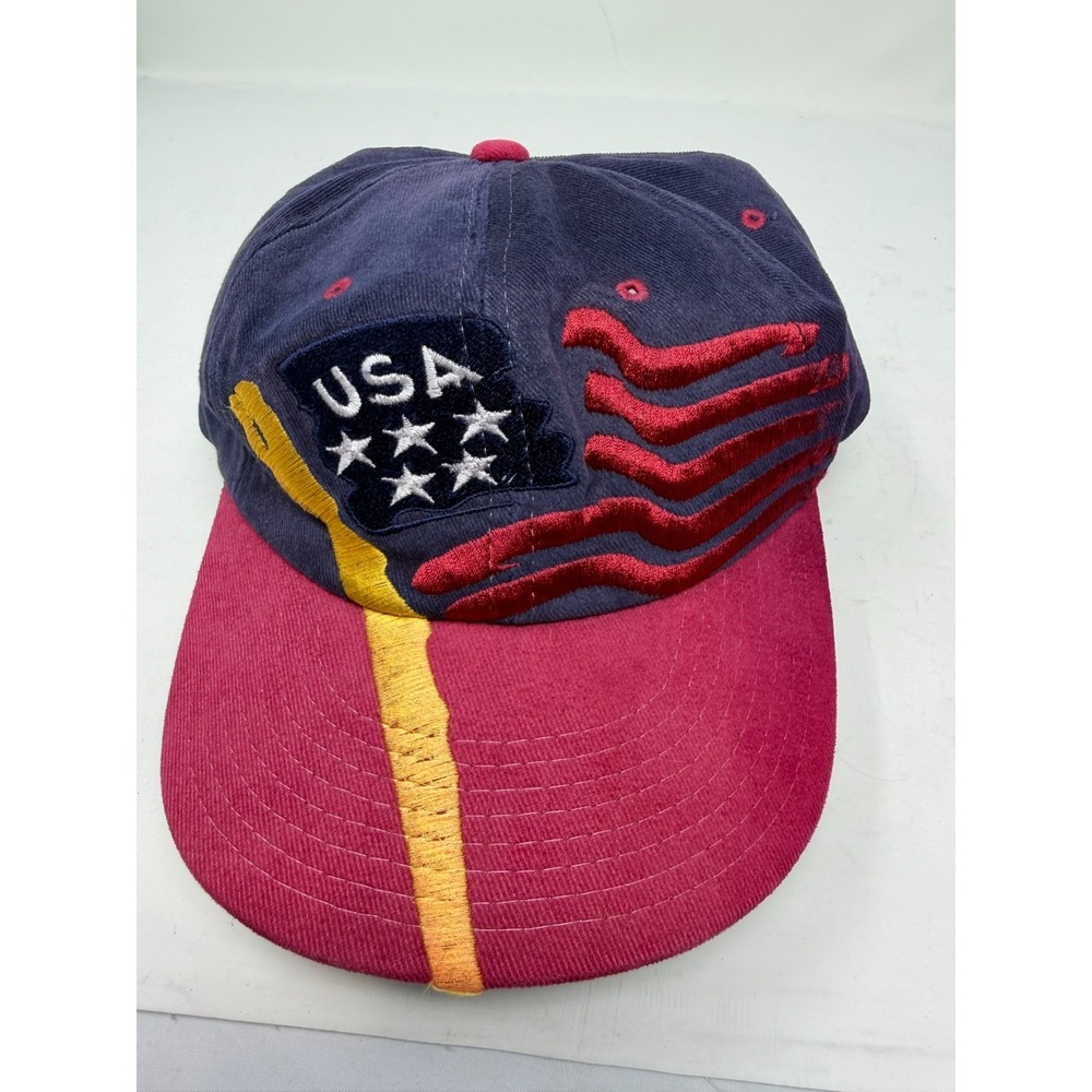 Vtg Champion USA Flag Hat Snapback Embroidered Red White Blue Patriotic Cap